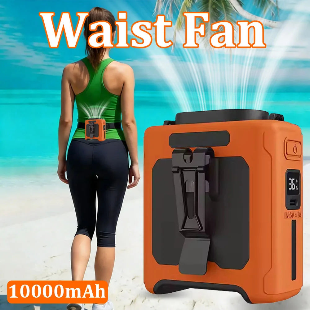 20000mAh Rechargeable Waist Fan Portable Hands Free Mini Fan With Power Bank Flashlight 5 Speeds For Outdoor Activities