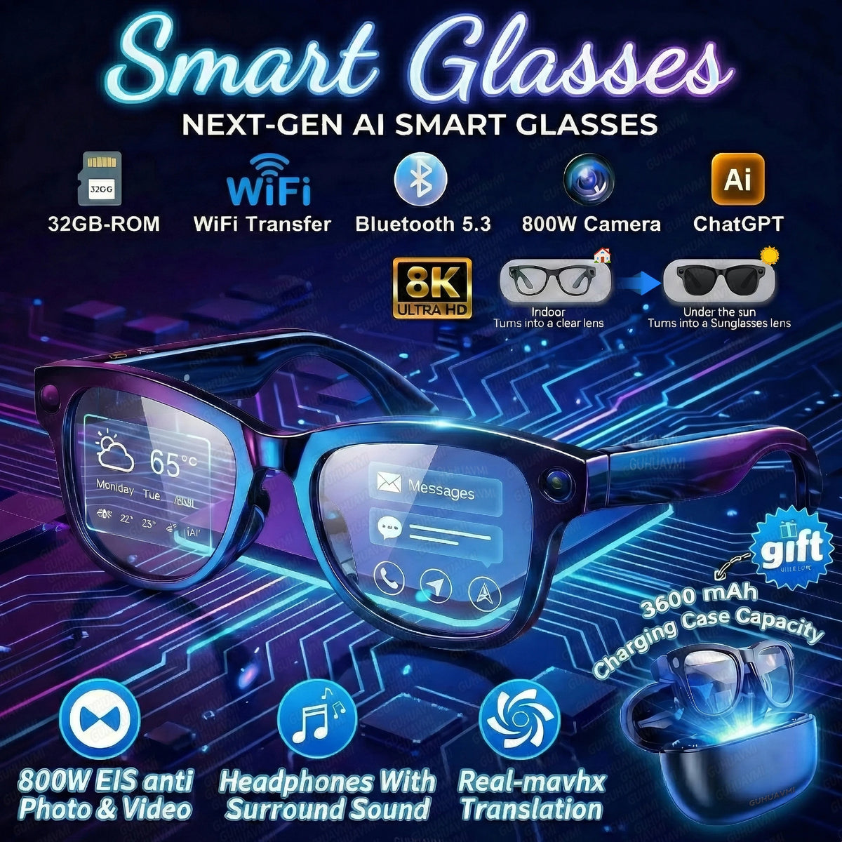 2026 Smart AI Glasses 4K 800W Camera 3600mAh Power Bank 32GB Memory 120+ Translation ChatGPT Music Photos &Video Sunglasses Men