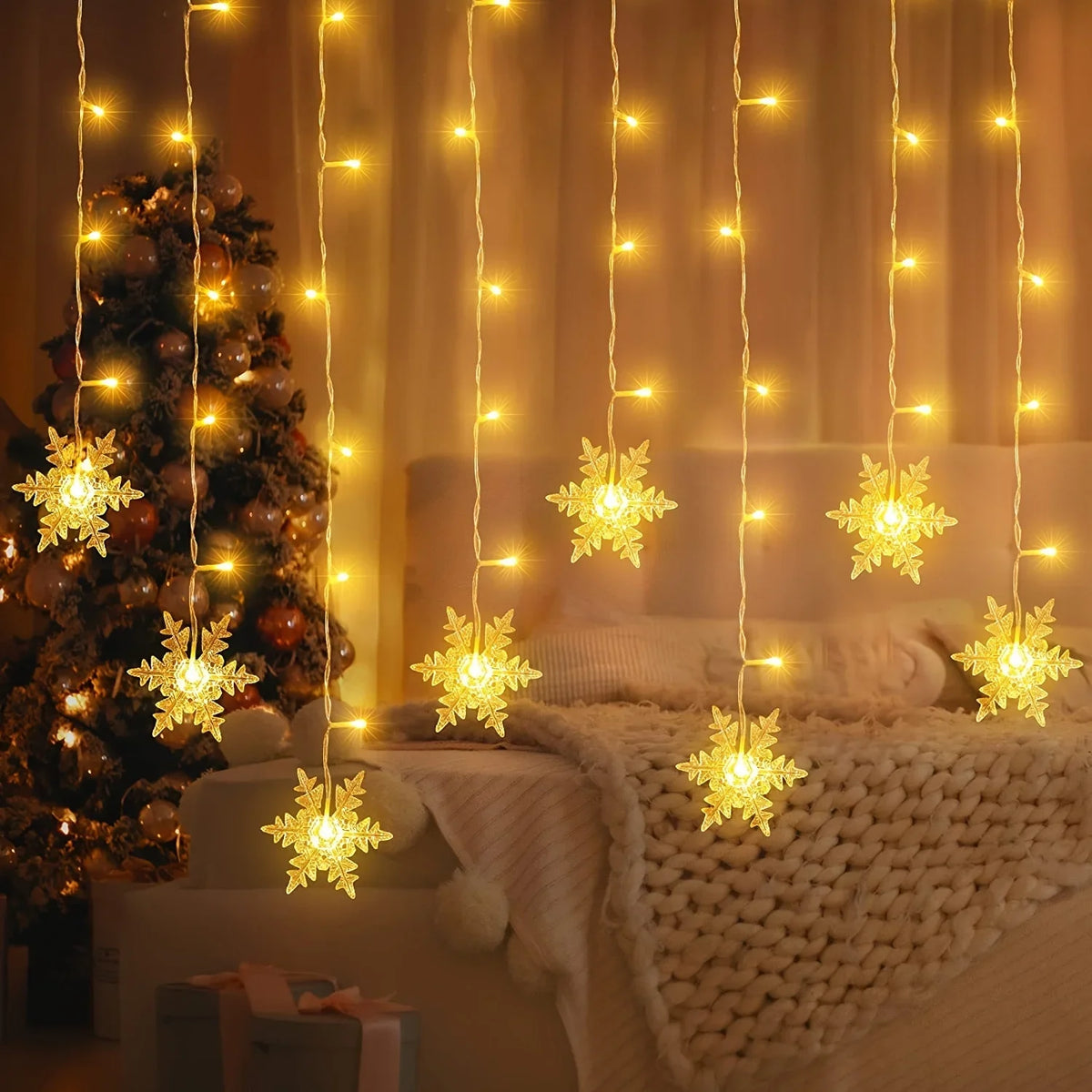 4M 96Led Christmas Home Decor Snowflake String Lights Indoor Christmas Living Room Curtains Decor Christmas Decorations Lights